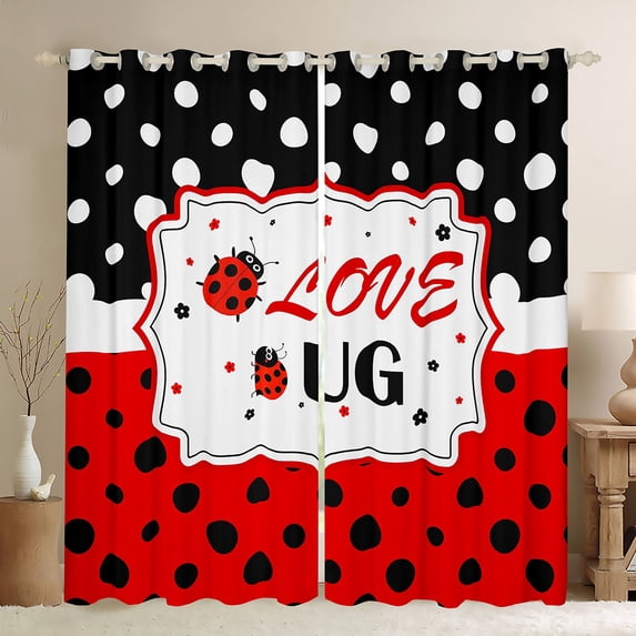 Feelyou Cartoon Ladybug Animal Blackout Curtains Set of 2 (52x84 Each) for Kids, Black Red Polka Dots Window Curtains, Kawaii Animal Curtains and Drapes, Black Out Curtains Decor
