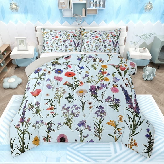 Feelyou Cartoon Lavender Floral Bedding Comforter Set, Rustic Leaf Plant Twin Comforter Sets, Kawaii Groovy Daisy Flower Reversible Bedding Set, Breathable Home Decor, 2 Pieces