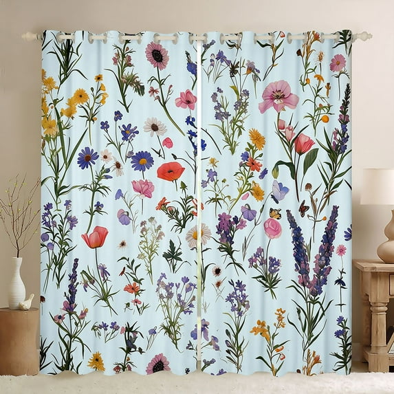 Feelyou Cartoon Lavender Floral Blackout Curtains Set of 2 (52x84 Each), Rustic Leaf Plant Window Curtains, Kawaii Groovy Daisy Flower Curtains and Drapes, Window Curtains Home Decor