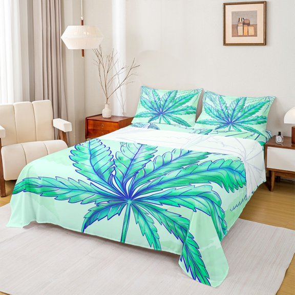 Feelyou Cartoon Leaf Print Twin Sheet Sets, Rustic Botanical Twin Fitted Sheet, Aqua Marine Plant Flat Sheet, Ultra Soft Bedroom Decor, 3pcs