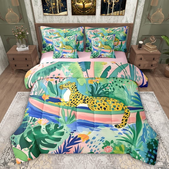Feelyou Cartoon Leopard Cheetah Bedding Comforter Set 7 Pieces, Palm Leaves Botanical Full Bedding Set, Kawaii Jungle Animal Reversible Fitted Sheet Flat Sheet, Super Cozy Room Decor