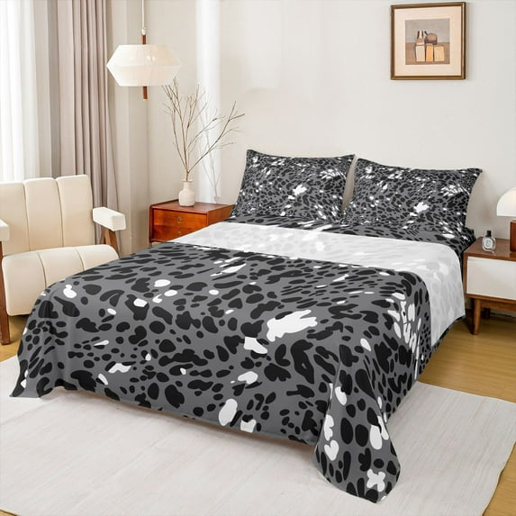 Feelyou Cartoon Leopard Print Twin Sheet Sets, Grey Polkadots Bedding, 3-Piece