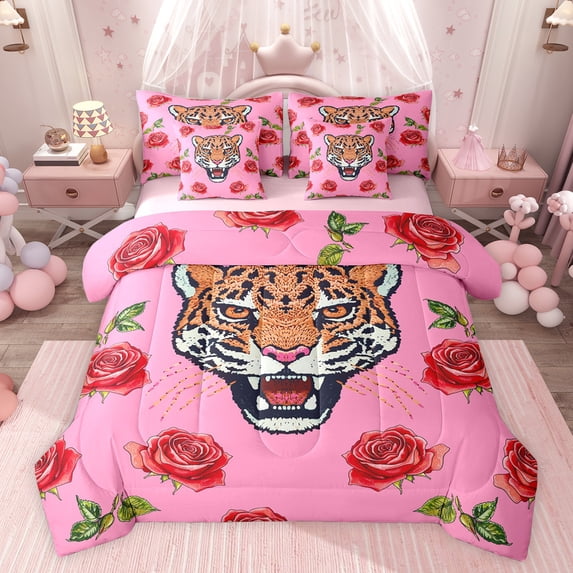 Feelyou Cartoon Leopard Teens Bedding Comforter Set 7pcs, Kawaii Farmhouse Cheetah Queen Bedding Sets, Romantic Rose Flower Reversible Queen Sheet Sets, Lightweight Room Decor