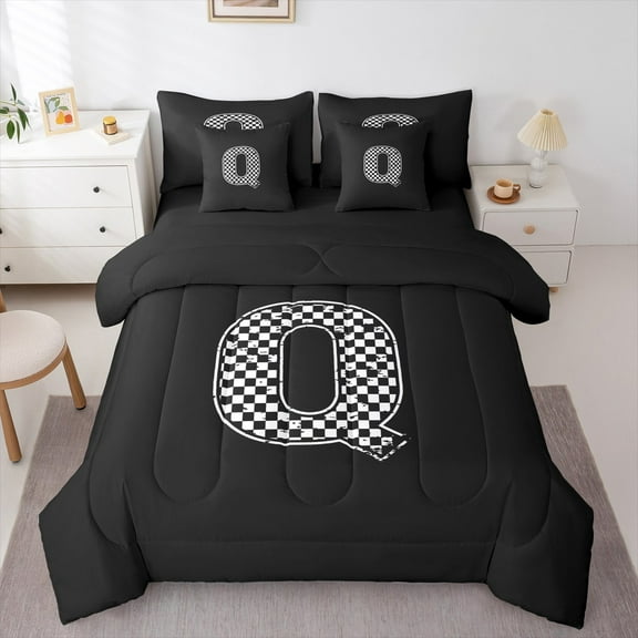 Feelyou Cartoon Letter Q Bedding Comforter Set 7pcs for Kid, Buffalo Monogrammed Queen Bedding Sets, Square Geometric Reversible Queen Sheet Sets, Luxury Bedroom Decor