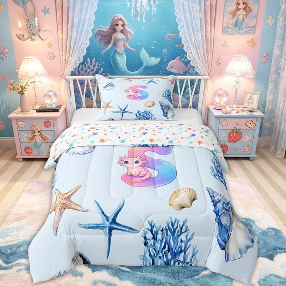 Feelyou Cartoon Letter S Twin Comforter Sets for Girls, Sea Axolotl Starfish 02, Blue, Colorful Star Reversible, 2pcs, 1 Comforter and 1 Pillowcase