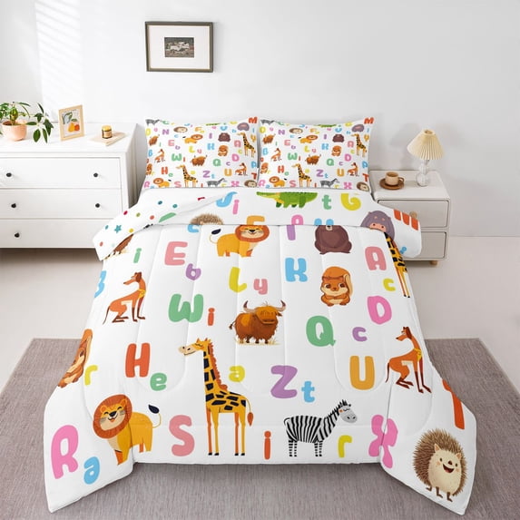 Feelyou Cartoon Letter Twin Comforter Sets, Animal Bedding Set, 2-Piece