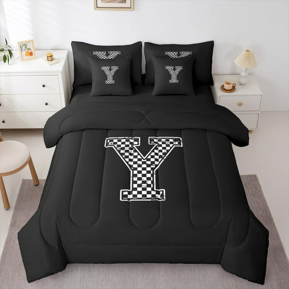 Feelyou Cartoon Letter Y Bedding Comforter Set 7 Pieces for Kid, Buffalo Monogrammed Full Bedding Set, Square Geometric Reversible Fitted Sheet Flat Sheet, Super Cozy Room Decor