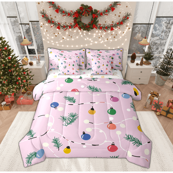Feelyou Cartoon Lights Teens Twin Bedding Sets 7-Piece, Stripes Line Geometric Bedding Comforter Set, Leaf Plant Botanical Reversible Sheet Sets, Lightweight Room Decor