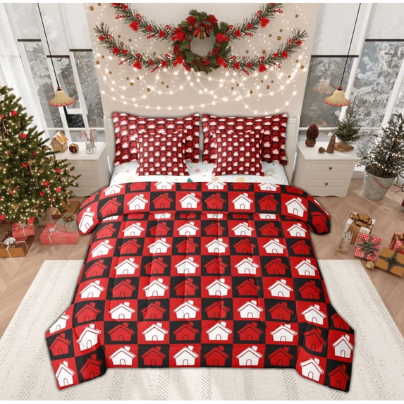 Feelyou Cartoon Lodge Cabin Bedding Comforter Set 7pcs for Teen, Happy New Year Queen Bedding Sets, Christmas Farmhouse Reversible Queen Sheet Sets, Ultra Soft Home Decor