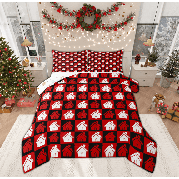 Feelyou Cartoon Lodge Cabin Full Size Comforter Sets for Teen, Happy New Year Bedding Comforter Set, Christmas Farmhouse Reversible Bedding Sets, Ultra Soft Home Decor, 3-Piece