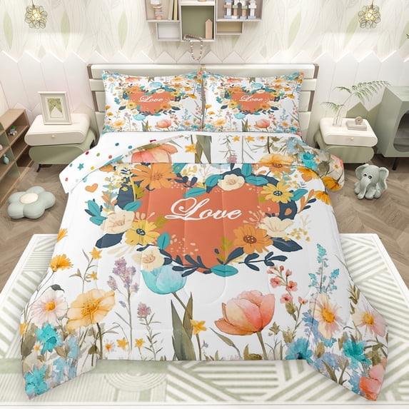 Feelyou Cartoon Love Heart Bedding Comforter Set, Ruistic Farmhouse Twin Comforter Sets, Groovy Flower Floral Reversible Bedding Set, Lightweight Room Decor, 2 Pieces