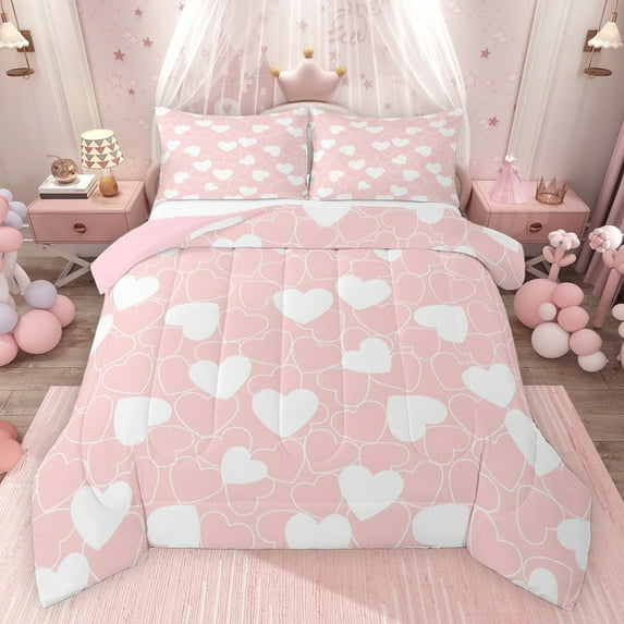 Feelyou Cartoon Love Heart Full Size Comforter Sets, Girly Pink Artwork Bedding Comforter Set, Teens Kids Boys Girl Reversible Bedding Sets, Ultra Soft Bedroom Decor, 3-Piece