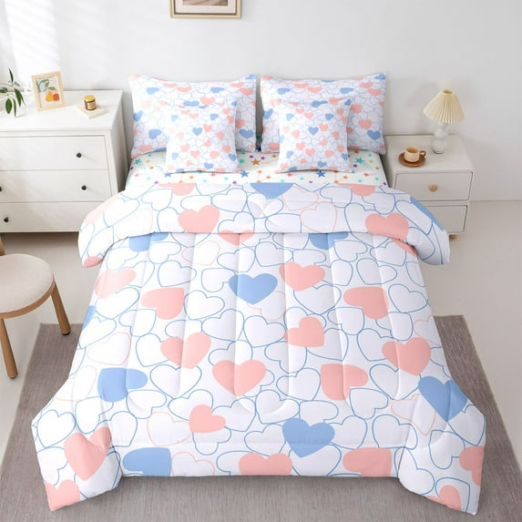 Feelyou Cartoon Love Heart Twin Bedding Sets 7-Piece, Blue Pink Artwork ...