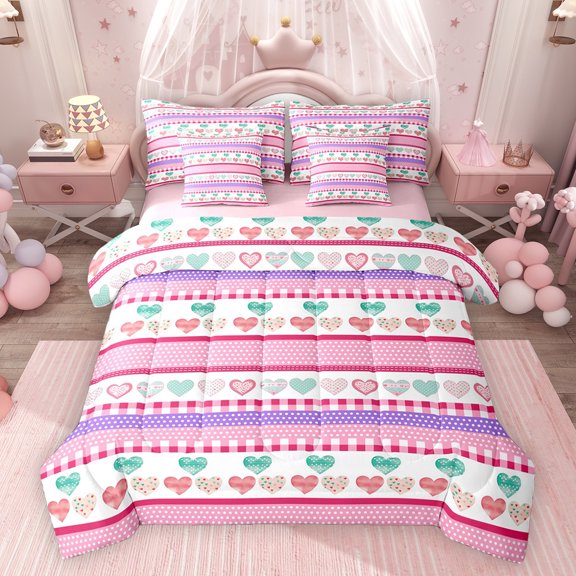 Feelyou Cartoon Love Heart Twin Bedding Sets 7pcs, Pink Stripe Line Bedding Comforter Set