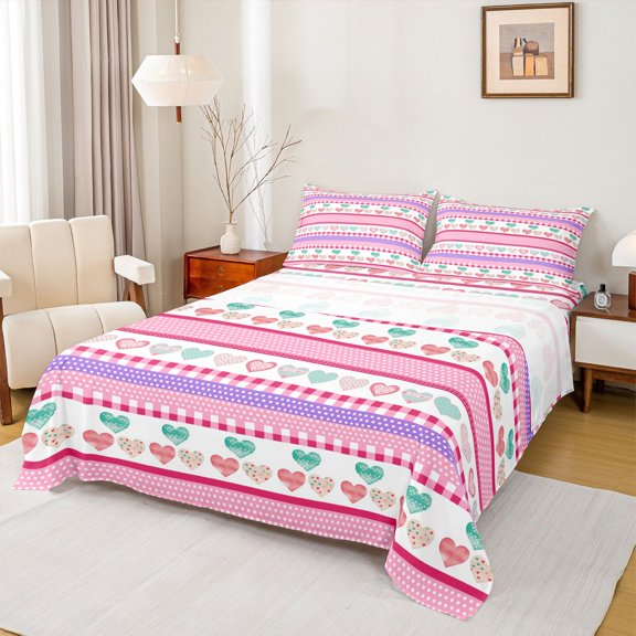 Feelyou Cartoon Love Heart Twin Sheet Sets, Pink Stripe Line Bedding, 3-Piece