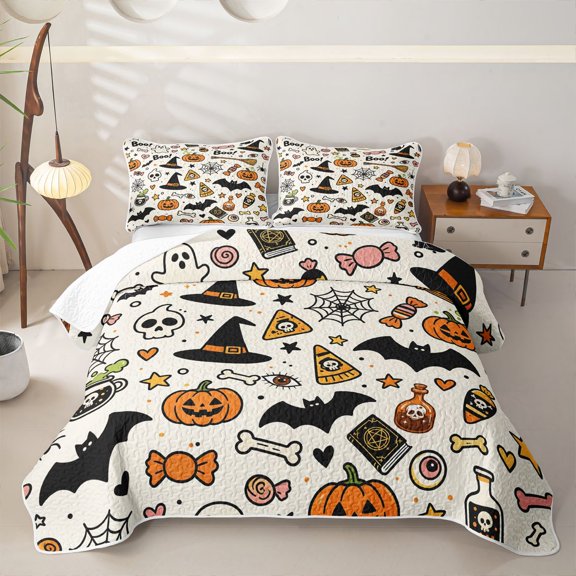 Feelyou Cartoon Magic Pumpkin Twin Quilt Set, Happy Halloween Witch Hat Bat Twin Coverlet Set, Cream, 2 Pieces, 1 Comforter and 1 Pillowcase