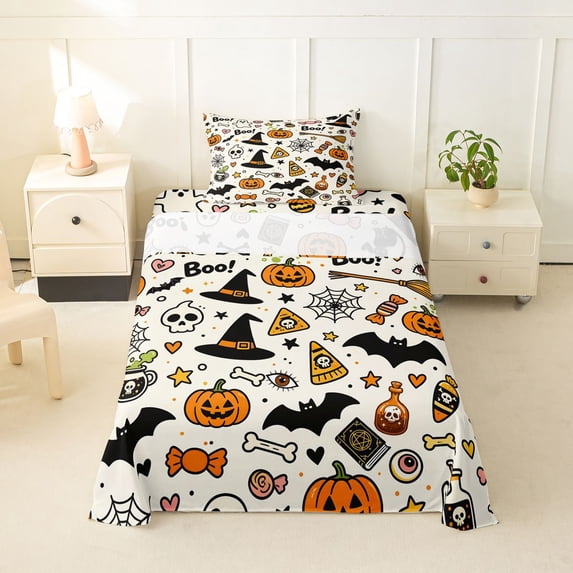 Feelyou Cartoon Magic Pumpkin Twin Sheets, Happy Halloween Witch Hat Bat Bedding, Cream, 3 Pieces, 1 Flat Sheet, 1 Fitted Sheet and 1 Pillowcase
