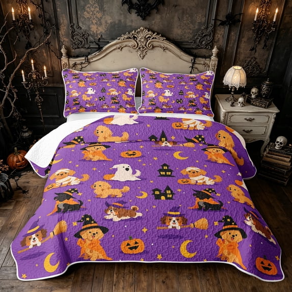 Feelyou Cartoon Magic Witch Dog Quilt King, Cute Ghost Pumpkin King Coverlet Set, Purple, 3-Piece, 1 Comforter and 2 Pillowcases