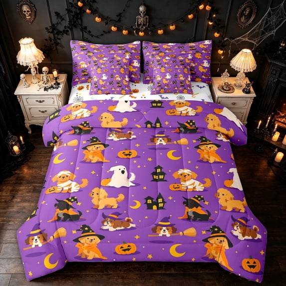 Feelyou Cartoon Magic Witch Dog Twin Bedding, Cute Ghost Pumpkin Bedding Comforter Set, Purple, Halloween Reversible, 7-Piece