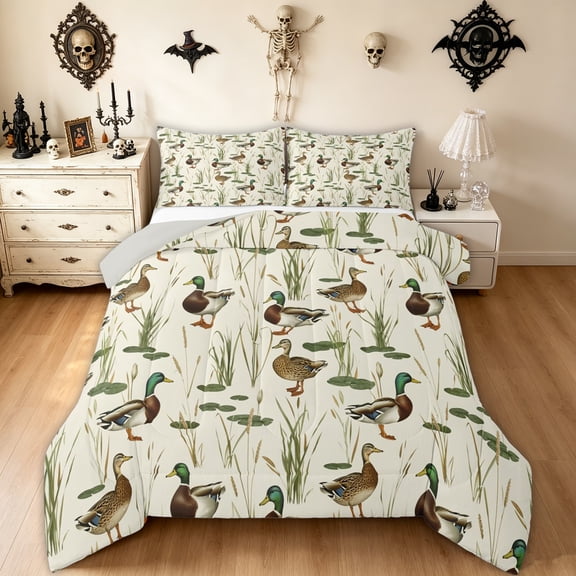 Feelyou Cartoon Mallard Duck Queen Comforter Set, Boho Rustic Reed Comforter Sets Queen, Cream, Gray Reversible, 3 Pieces, 1 Comforter and 2 Pillowcases