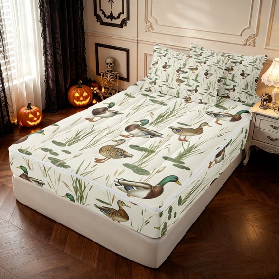 Feelyou Cartoon Mallard Duck Zipper Twin Comforter Sets with Fitted Sheet and 2 Pillowcases, Boho Rustic Reed Zipper Bedding Set, Cream, Gray Reversible, 4 Pieces