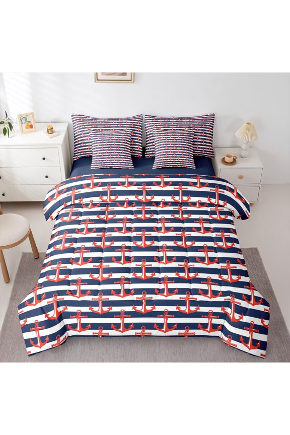 Cartoon Marine Anchor Bedding Comforter Set 7-Piece, Blue Striped Geometric King Bedding Sets, Cartoon Ocean Theme Reversible Bed Sheets, Microfiber Bedroom Decor