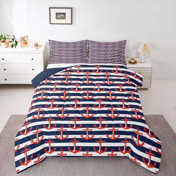 Feelyou Cartoon Marine Anchor Queen Comforter Set, Blue Striped Geometric Bedding Sets, Cartoon Ocean Theme Reversible Bedding Comforter Set, Microfiber Bedroom Decor, 3pcs