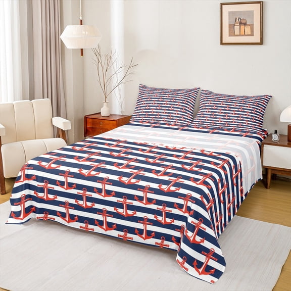Feelyou Cartoon Marine Anchor Twin Sheet Sets, Blue Striped Geometry Twin Fitted Sheet, Cartoon Ocean Theme Flat Sheet, Microfiber Bedroom Decor, 3pcs