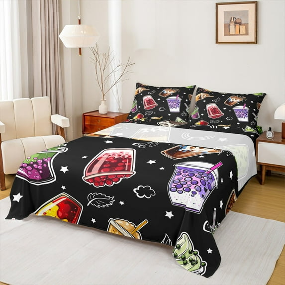 Feelyou Cartoon Milk Tea Full Size Sheets for Teens, Cartoon Stars Print Bed Sheets, Boba Lover Sheet Sets, Breathable Home Decor, 4-Piece