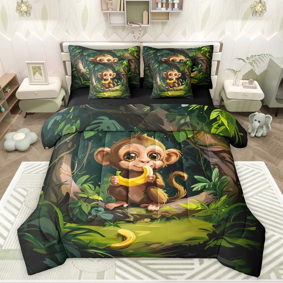 Feelyou Cartoon Monkey Bedding Comforter Set 7pcs, Jungle Animal Theme King Bedding Sets