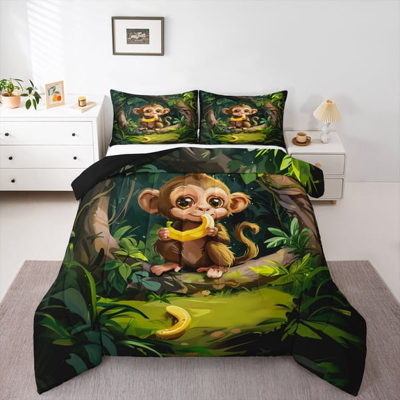 Feelyou Cartoon Monkey Queen Comforter Set, Jungle Animal Bedding Comforter Set, 3pcs