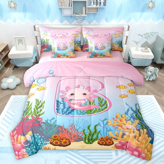 Feelyou Cartoon Monogrammed B Bedding Comforter Set 7pcs for Kid, Magic Pink Axolotl King Bedding Sets, Cute Ocean Coral Reversible Bed Sheets, Ultra Soft Bedroom Decor