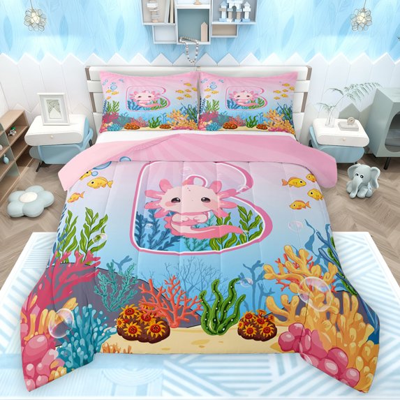 Feelyou Cartoon Monogrammed B Full Size Comforter Sets for Kid, Magic Pink Axolotl Bedding Comforter Set, Cute Ocean Coral Reversible Bedding Sets, Ultra Soft Bedroom Decor, 3 Pieces