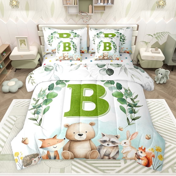 Feelyou Cartoon Monogrammed B Twin Bedding Sets 7-Piece for Kids, Jungle Raccoon Bedding Comforter Set, Cute Animal Wildlife Reversible Sheet Sets, Microfiber Bedroom Decor
