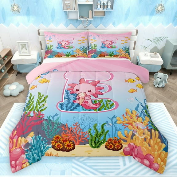 Feelyou Cartoon Monogrammed E Bedding Comforter Set for Kid, Magic Pink Axolotl Twin Comforter Sets, Cute Ocean Coral Reversible Bedding Set, Luxury Bedroom Decor, 2 Pieces