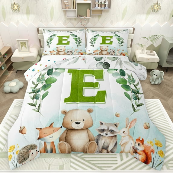 Feelyou Cartoon Monogrammed E Bedding Comforter Set for Kids, Jungle Raccoon Twin Comforter Sets, Cute Animal Wildlife Reversible Bedding Set, Super Cozy Room Decor, 2 Pieces