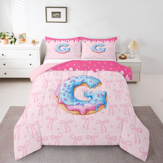 Feelyou Cartoon Monogrammed G Twin Comforter Sets, Bowknot Love Heart Bedding Set, 2pcs