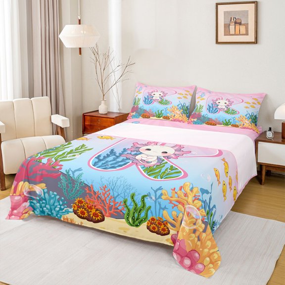 Feelyou Cartoon Monogrammed K Bed Sheets for Kid, Magic Pink Axolotl King Sheets, Cute Ocean Coral Sheet Set, Luxury Bedroom Decor, 4 Pieces