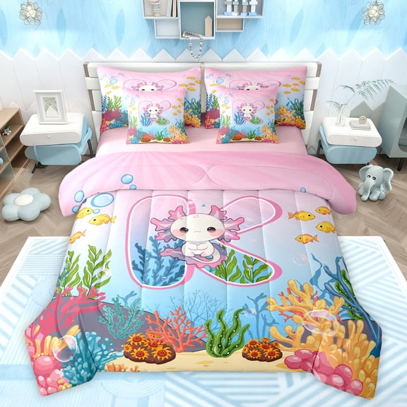 Feelyou Cartoon Monogrammed K Bedding Comforter Set 7pcs for Kid, Magic Pink Axolotl King Bedding Sets, Cute Ocean Coral Reversible Bed Sheets, Luxury Bedroom Decor