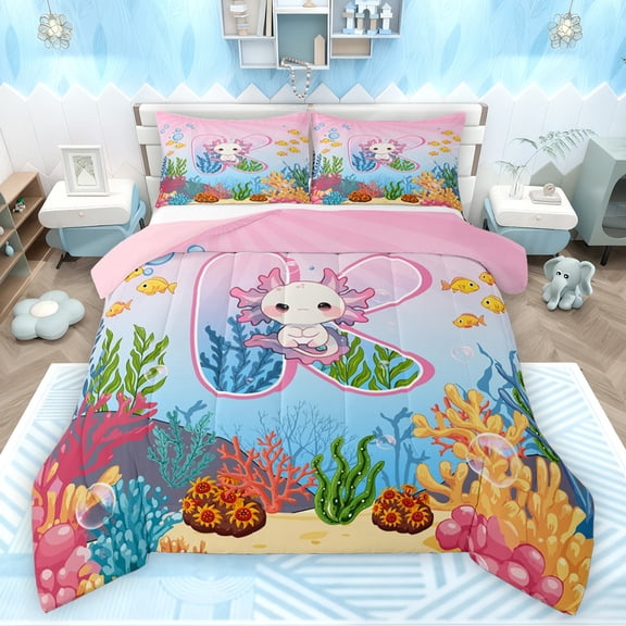 Feelyou Cartoon Monogrammed K Bedding Comforter Set for Kid, Magic Pink Axolotl Twin Comforter Sets, Cute Ocean Coral Reversible Bedding Set, Luxury Bedroom Decor, 2 Pieces