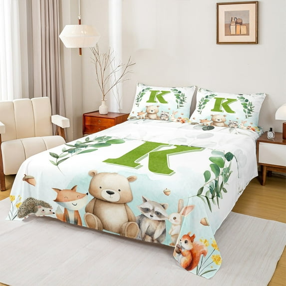 Feelyou Cartoon Monogrammed K Queen Sheet Sets for Kids, Jungle Raccoon Flat Sheet, Cute Animal Wildlife Queen Fitted Sheet, Super Cozy Room Decor, 4 Pieces