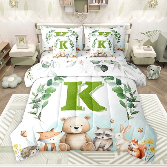Feelyou Cartoon Monogrammed K Twin Bedding Sets 7-Piece for Kids, Jungle Raccoon Bedding Comforter Set, Cute Animal Wildlife Reversible Sheet Sets, Super Cozy Room Decor