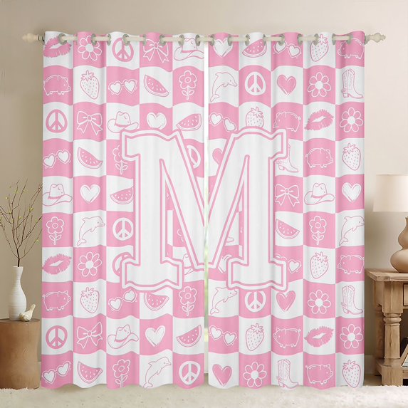 Feelyou Cartoon Monogrammed M Blackout Curtains Set of 2 (52x84 Each), Fashion Checkered Abstract Window Curtains, Teens Kids Girls Women Curtains and Drapes, Window Curtains Home Decor