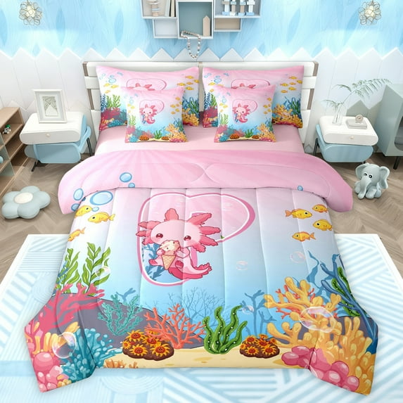 Feelyou Cartoon Monogrammed P Bedding Comforter Set 7pcs for Kid, Magic Pink Axolotl King Bedding Sets, Cute Ocean Coral Reversible Bed Sheets, Lightweight Room Decor