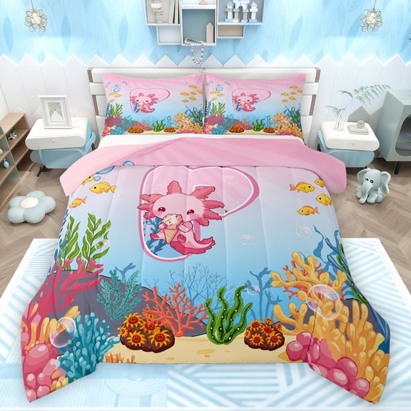 Feelyou Cartoon Monogrammed P Bedding Comforter Set for Kid, Magic Pink Axolotl Twin Comforter Sets, Cute Ocean Coral Reversible Bedding Set, Lightweight Room Decor, 2 Pieces