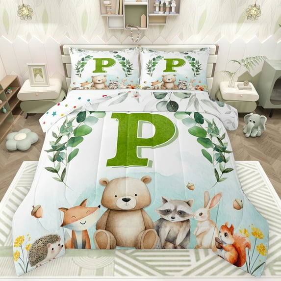 Feelyou Cartoon Monogrammed P Bedding Comforter Set for Kids, Jungle Raccoon Twin Comforter Sets, Cute Animal Wildlife Reversible Bedding Set, Ultra Soft Bedroom Decor, 2 Pieces