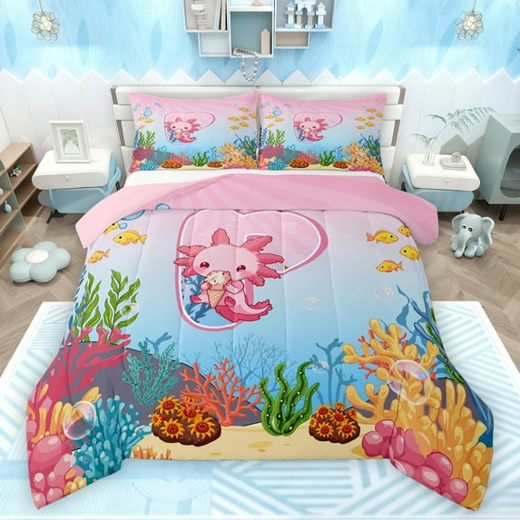 Feelyou Cartoon Monogrammed P Full Size Comforter Sets for Kid, Magic Pink Axolotl Bedding Comforter Set, Cute Ocean Coral Reversible Bedding Sets, Lightweight Room Decor, 3 Pieces