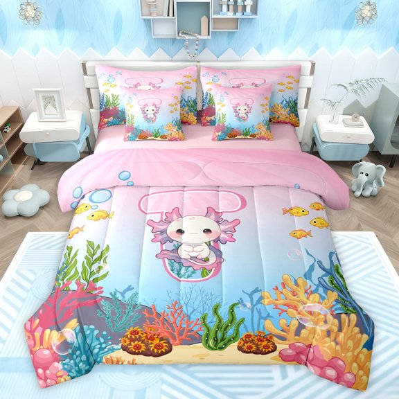 Feelyou Cartoon Monogrammed T Bedding Comforter Set 7pcs for Kid, Magic Pink Axolotl King Bedding Sets, Cute Ocean Coral Reversible Bed Sheets, Ultra Soft Bedroom Decor