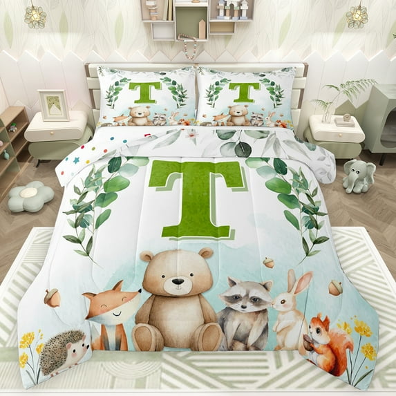 Feelyou Cartoon Monogrammed T Bedding Comforter Set for Kids, Jungle Raccoon Twin Comforter Sets, Cute Animal Wildlife Reversible Bedding Set, Microfiber Bedroom Decor, 2 Pieces