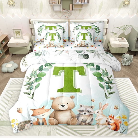 Feelyou Cartoon Monogrammed T Twin Bedding Sets 7-Piece for Kids, Jungle Raccoon Bedding Comforter Set, Cute Animal Wildlife Reversible Sheet Sets, Microfiber Bedroom Decor